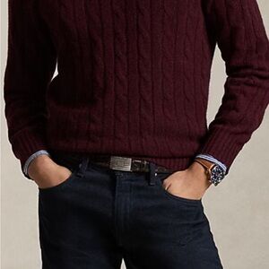 Ralph Lauren Deep Red Burgundy Cashmere Cable Knit Crewneck Sweater